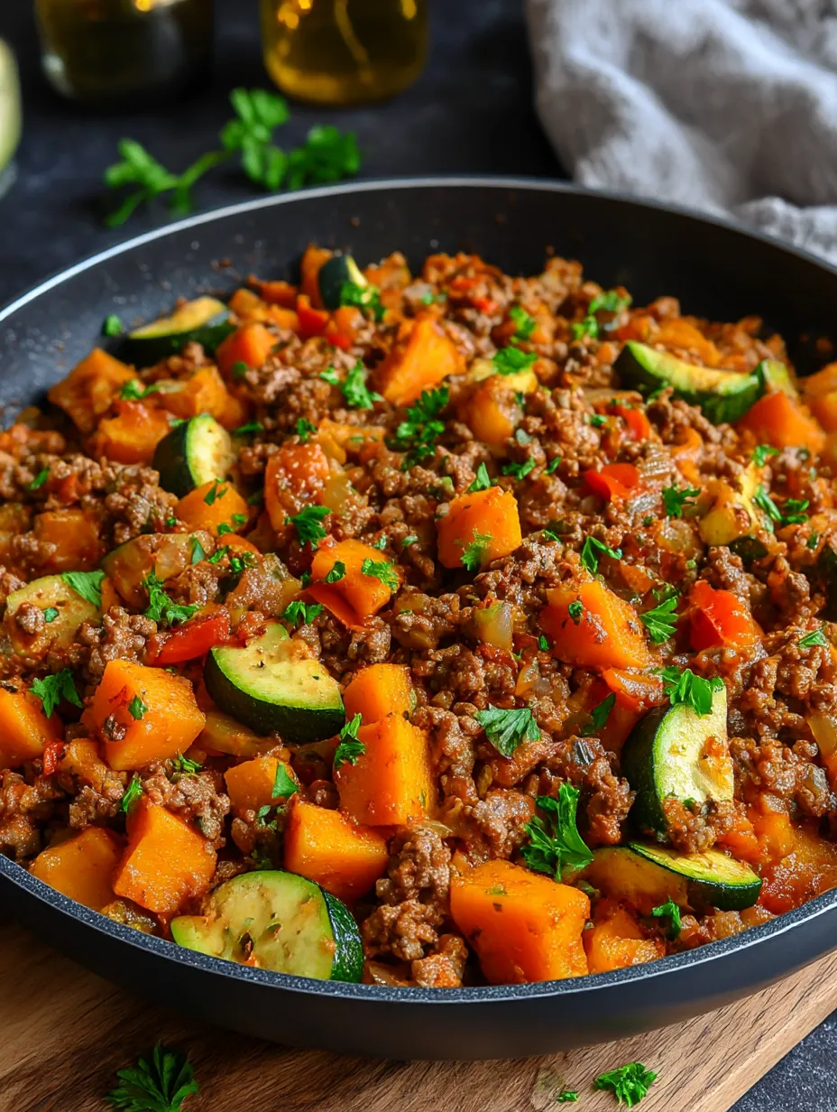 A skillet filled with ground beef, zucchini, and sweet potato.