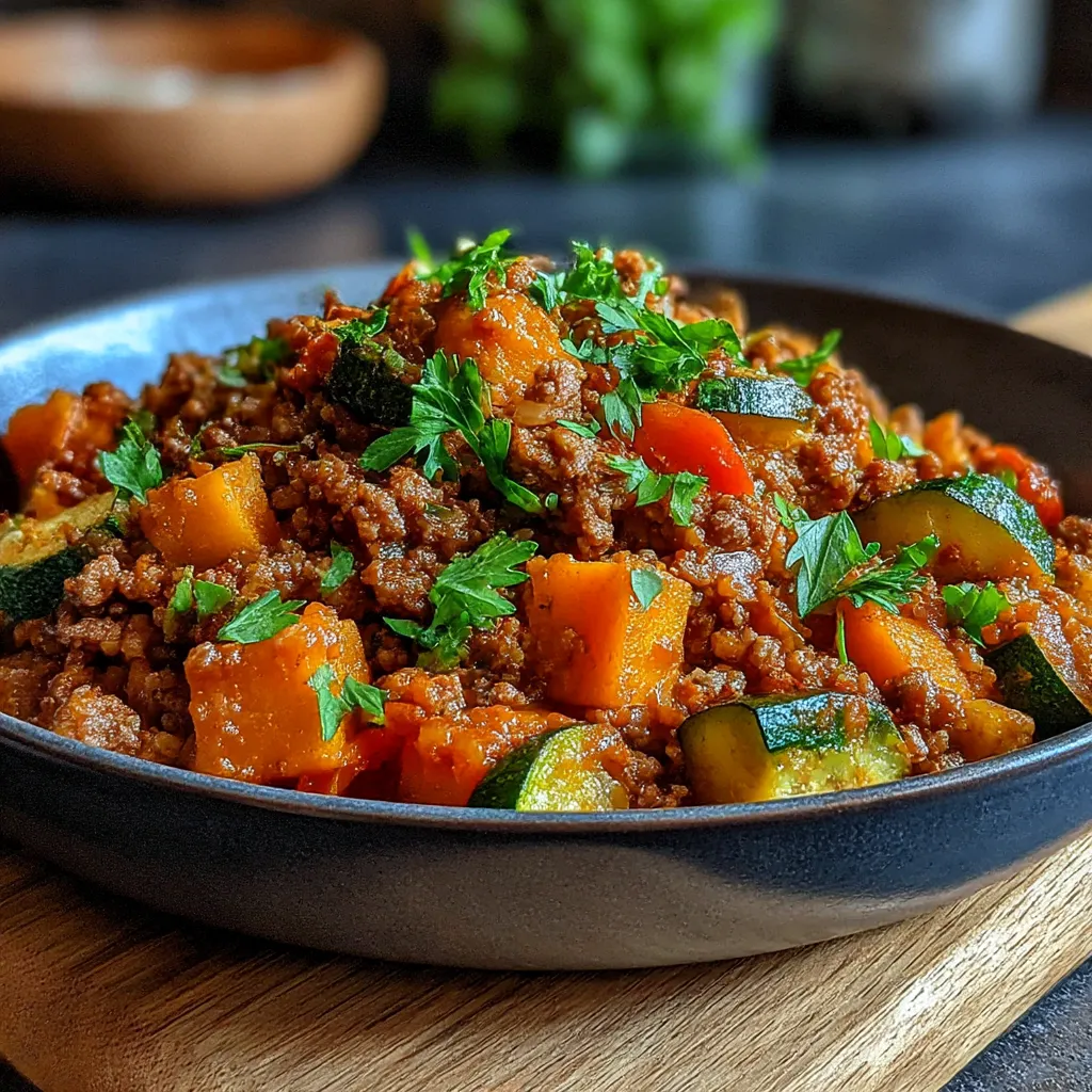 A skillet full of ground beef, zucchini, and sweet potato.