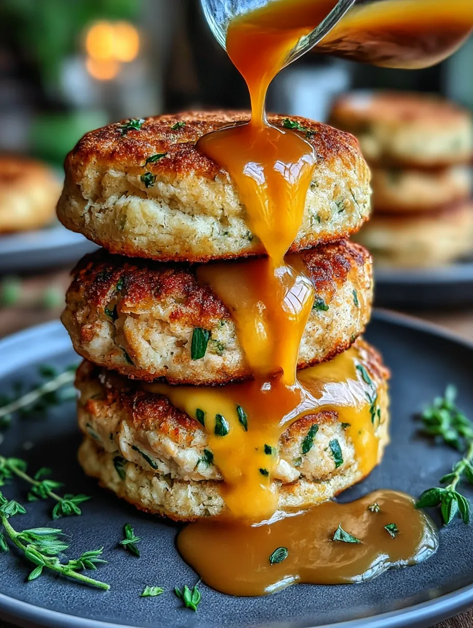 A stack of chicken burgers with cheese and sauce dripping down.