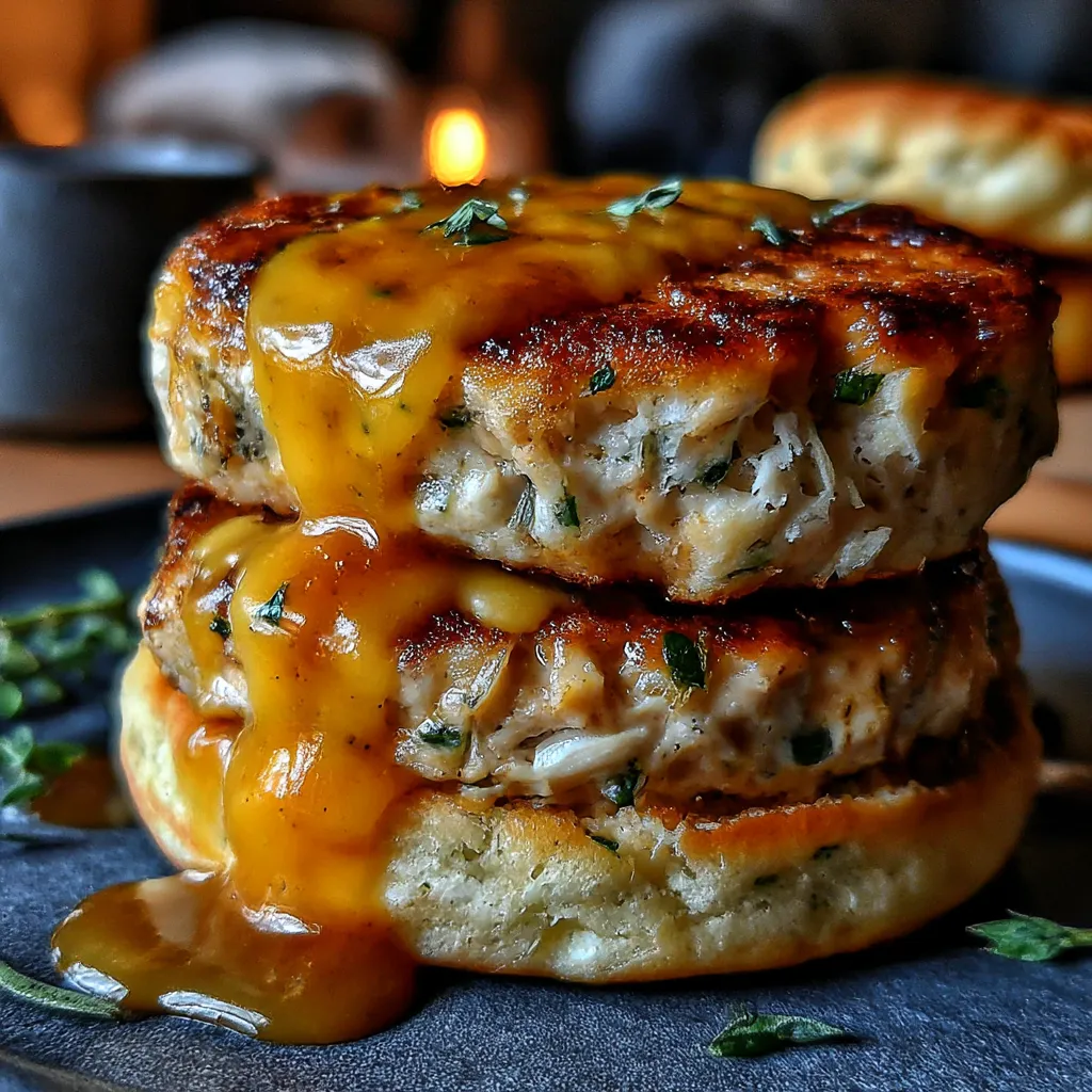 Two chicken burgers with cheese and sauce on a plate.