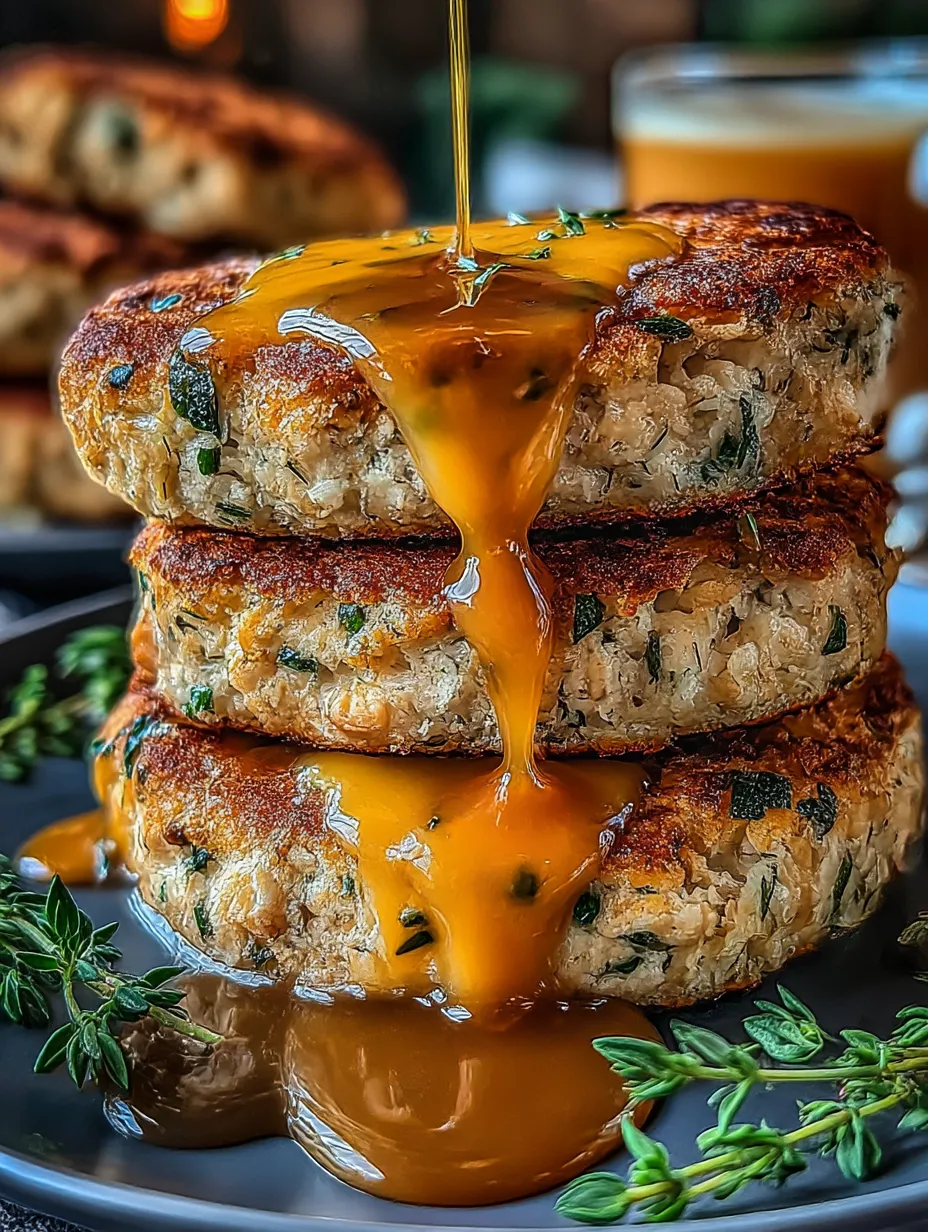 A stack of chicken patties with a sauce drizzled over them.