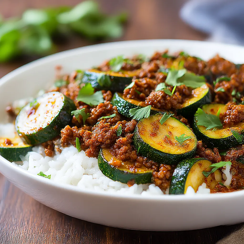 A bowl of food with zucchini and beef.
