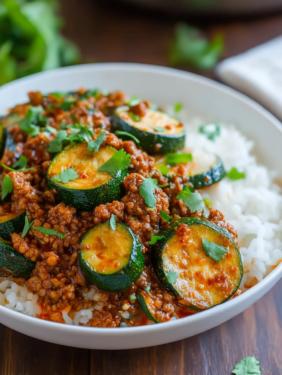 A bowl of beef and zucchini.