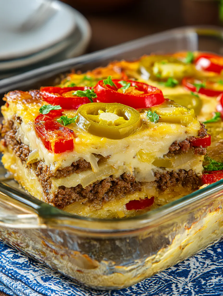 A close up of a delicious looking Southern Five Layer Beef Casserole.