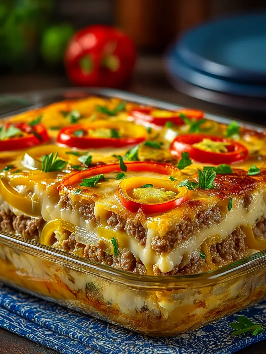 A casserole with a yellow and red topping.