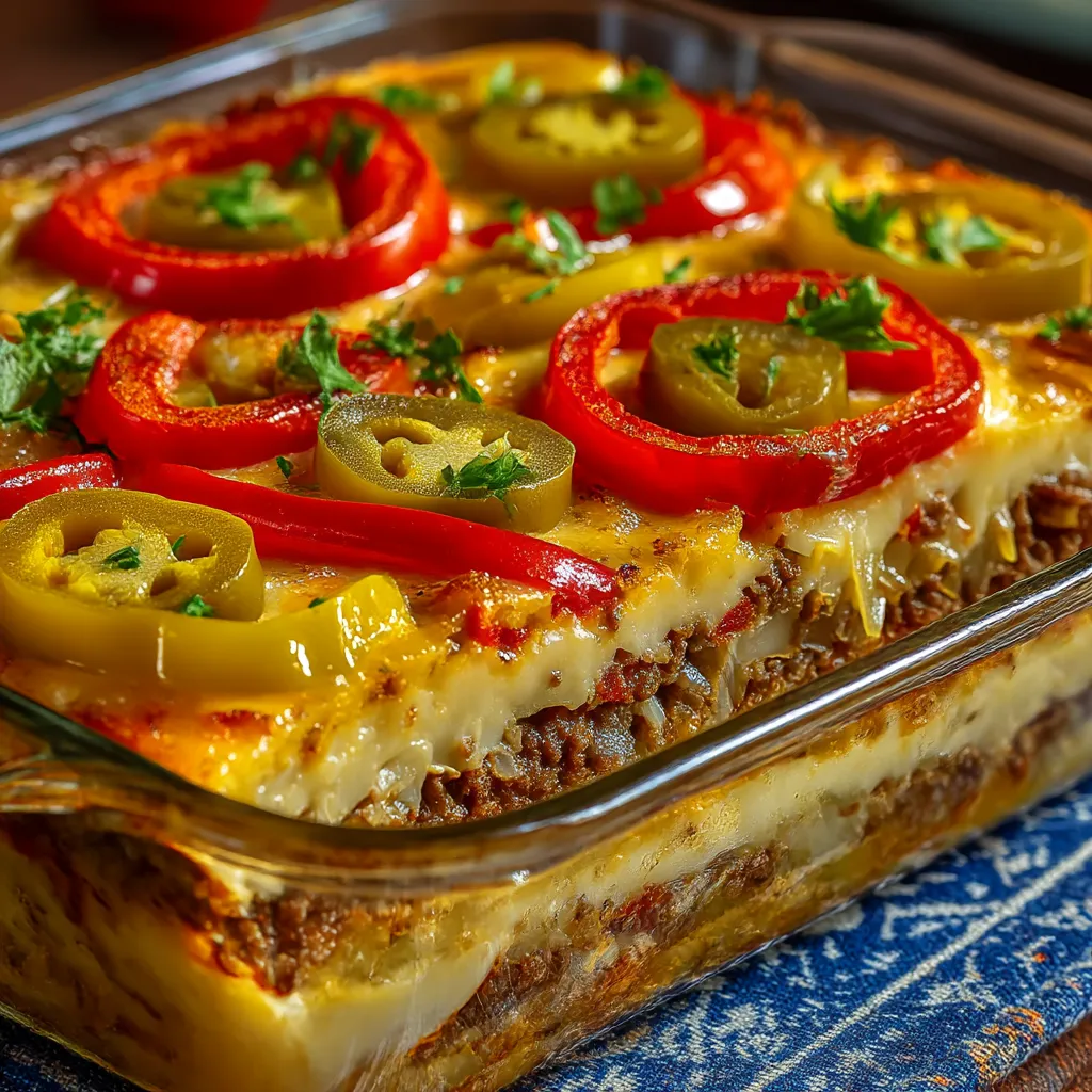 A dish of beef casserole with peppers and onions.