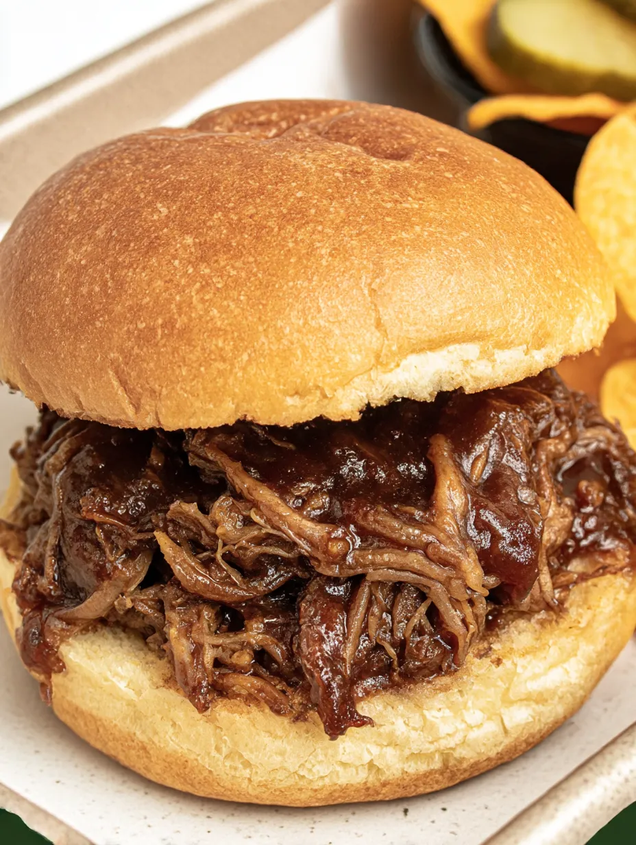 A pulled beef sandwich on a bun.