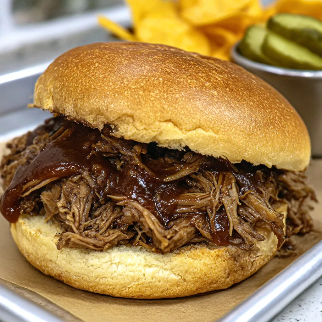 A Pulled Beef Sandwich on a bun.