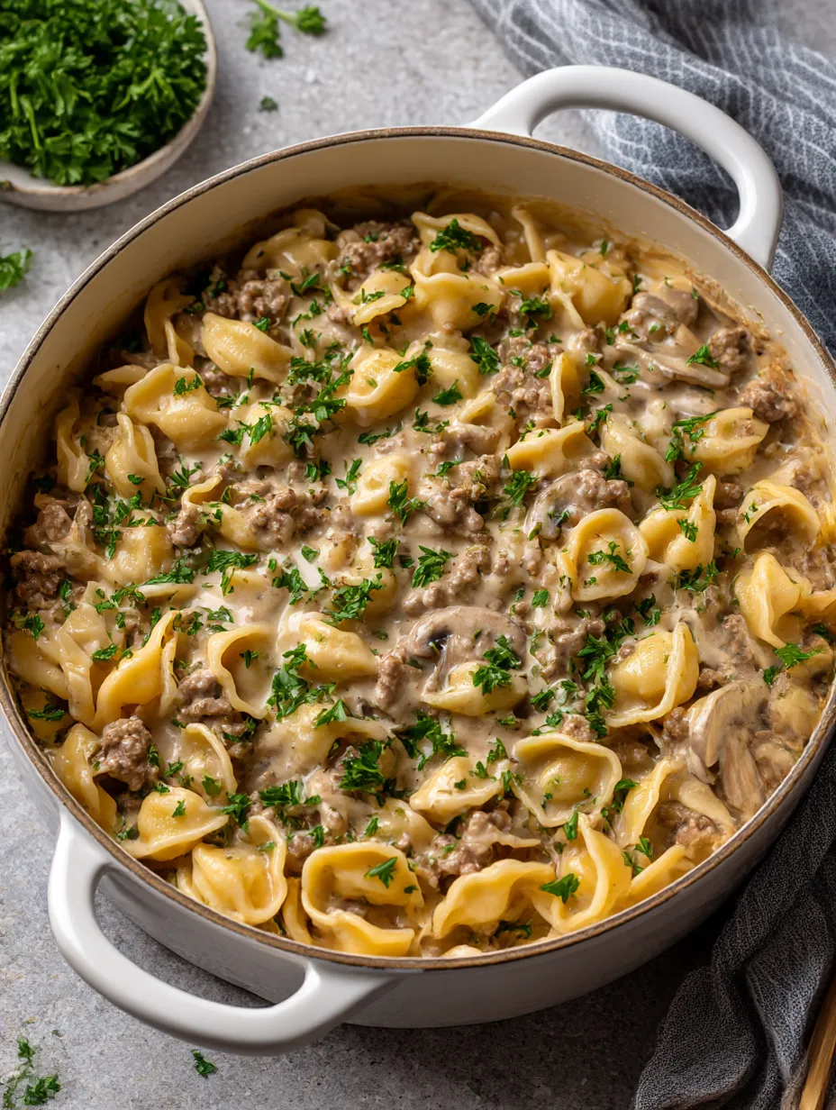 A pot of beef stroganoff with noodles and mushrooms.