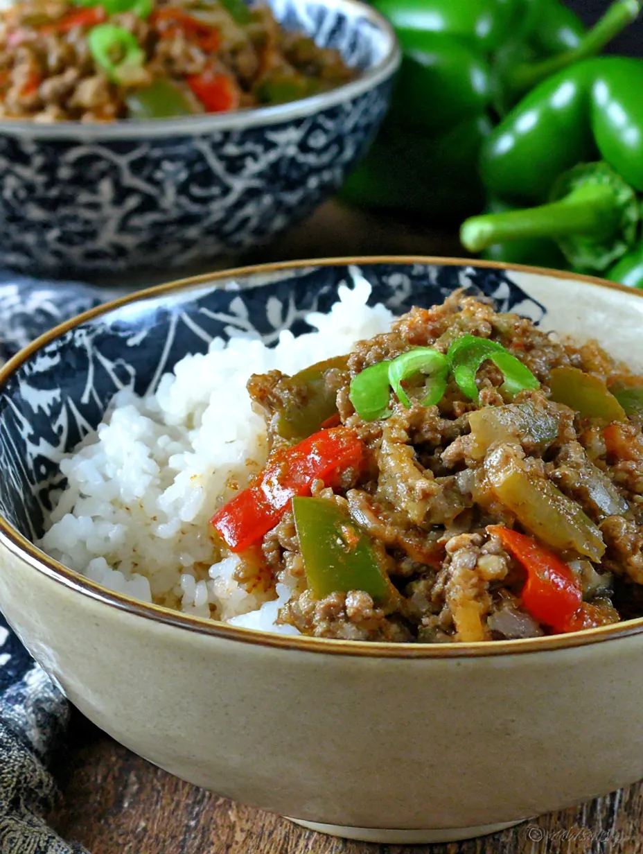 A bowl of rice with beef and peppers.