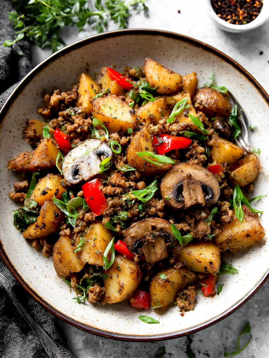 A bowl of Mediterranean ground beef stir fry.
