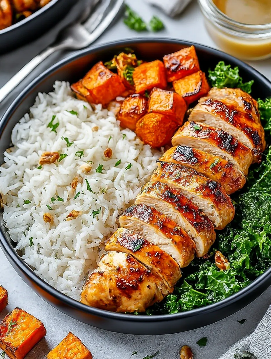 A bowl of food with chicken, rice, sweet potatoes, and kale.