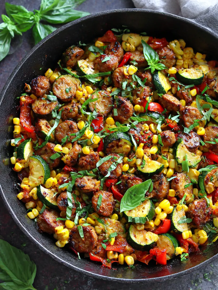 A skillet of sausage and vegetables.