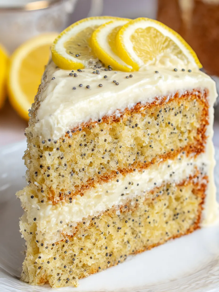A slice of a lemon cake with lemon wedges on top.