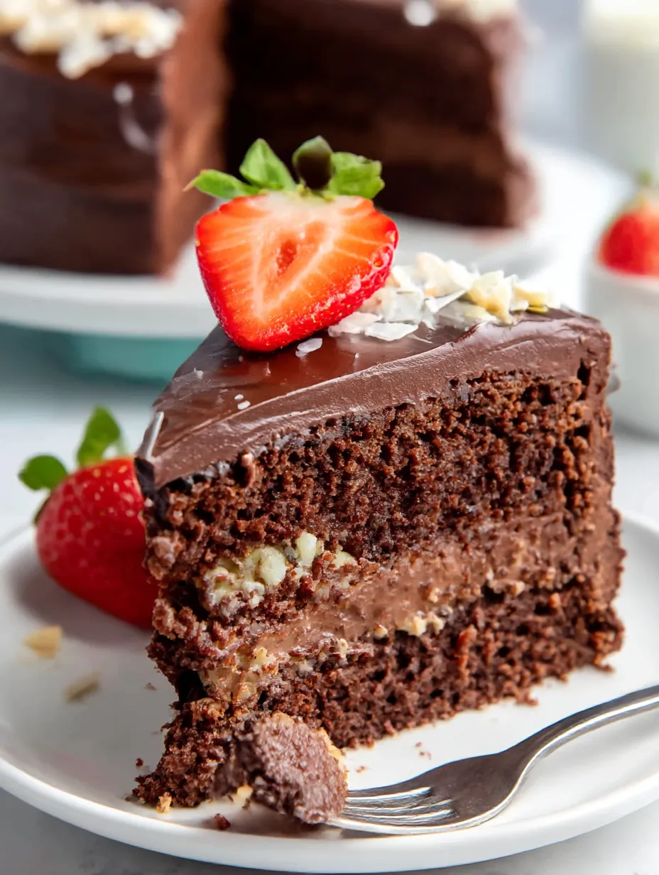 A slice of chocolate cake with a strawberry on top.