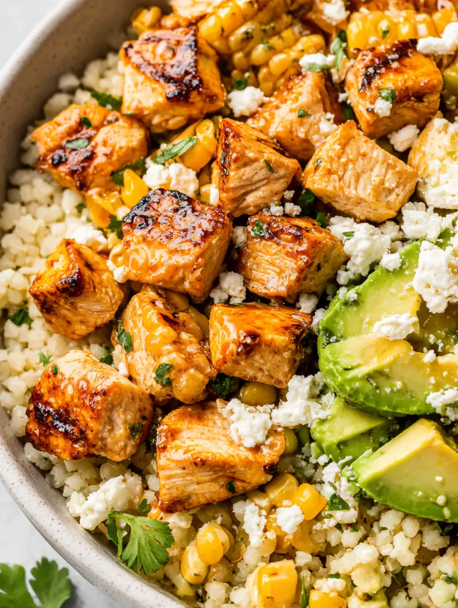 A bowl of rice with chicken and avocado.