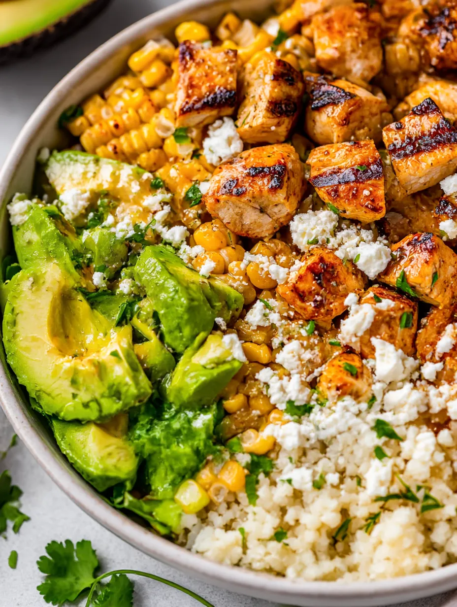 A bowl of rice with chicken and vegetables.