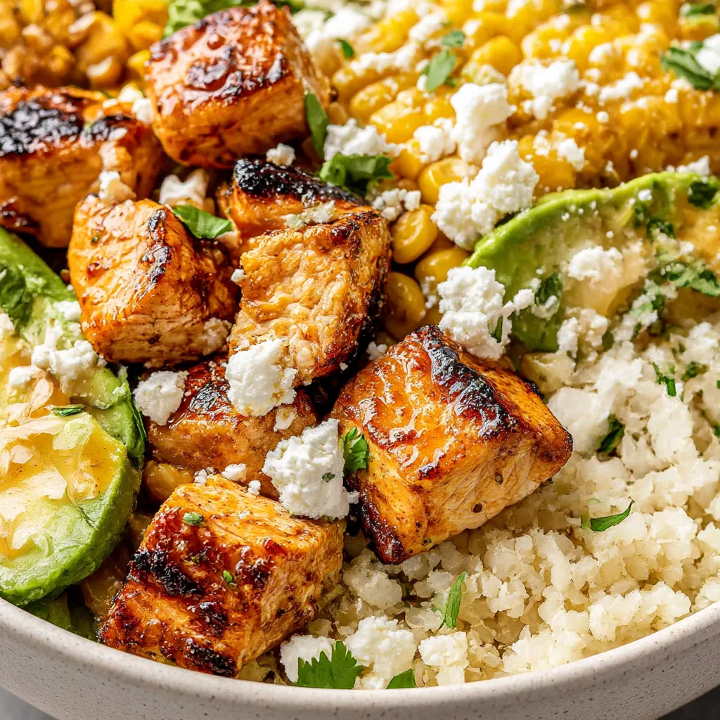 A bowl of rice with chicken and cheese.