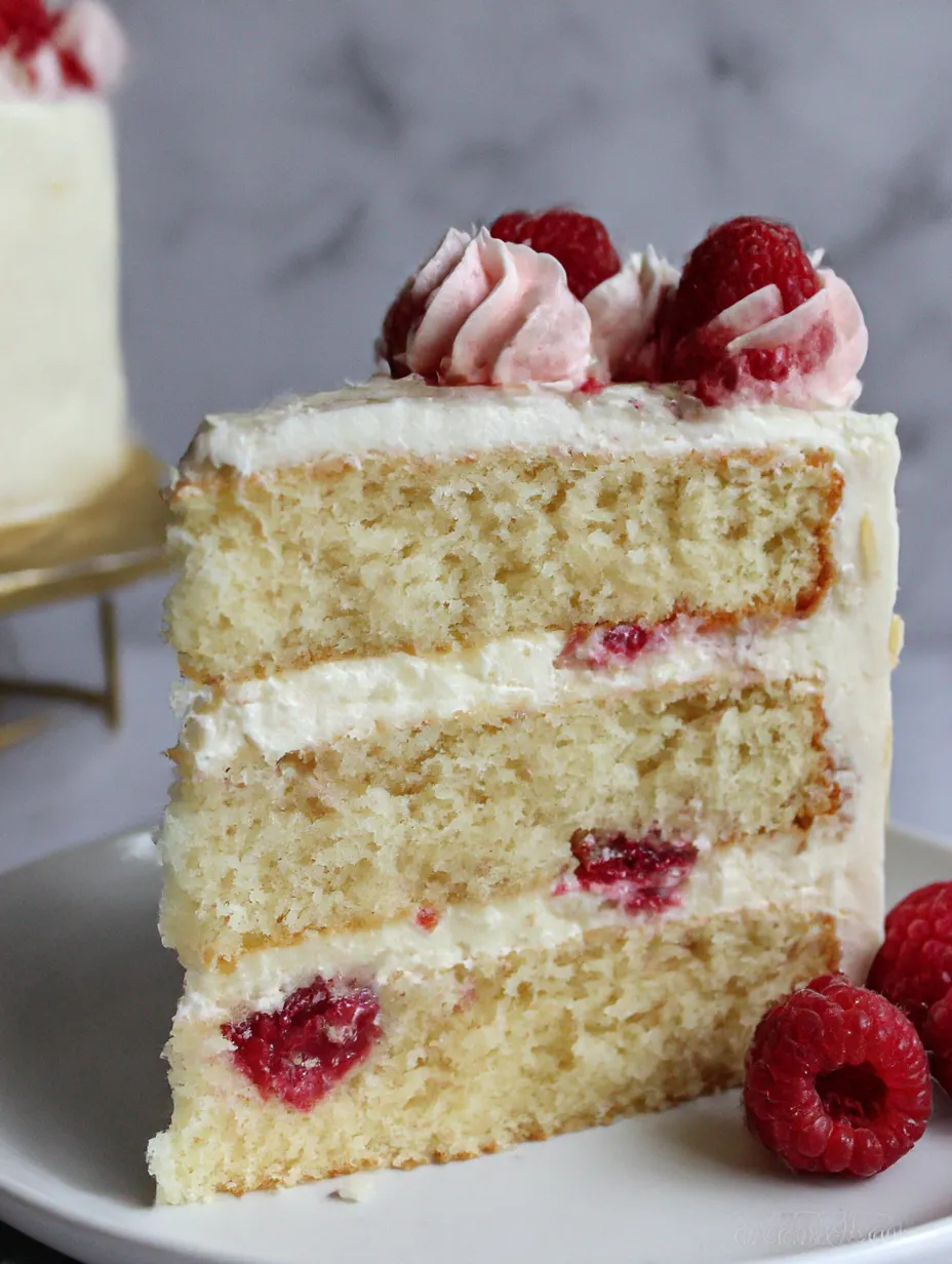 A slice of white cake with raspberries on top.