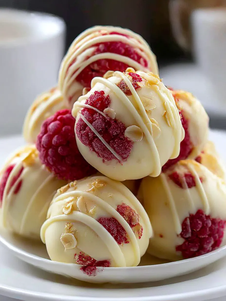A stack of white chocolate raspberry cheesecake balls.
