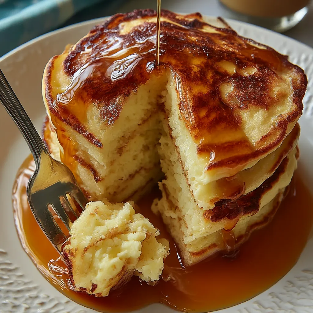 A slice of buttermilk pancakes with syrup.