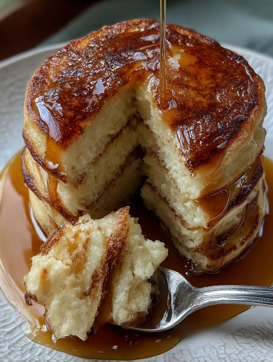 A stack of buttermilk pancakes with syrup drizzled on top.