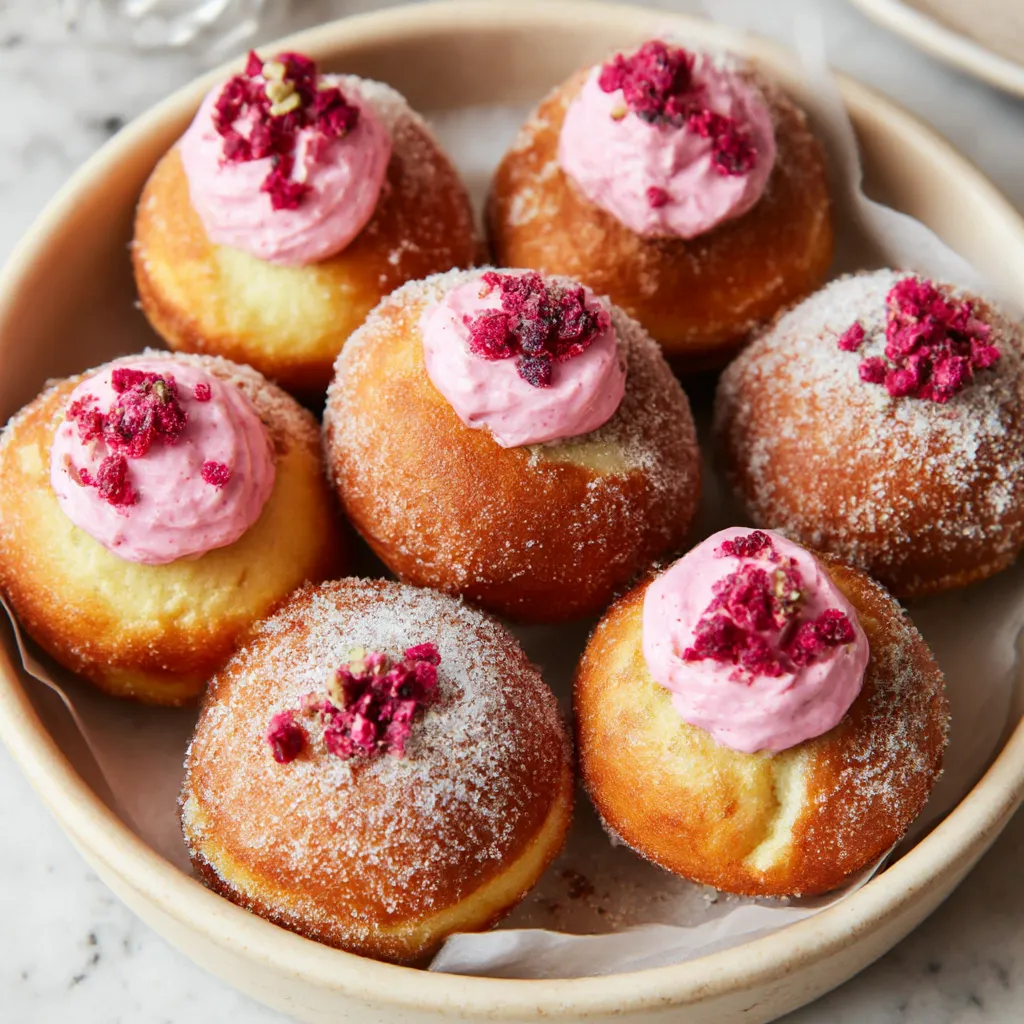 A bowl of doughnuts with pink frosting and raspberry toppings.