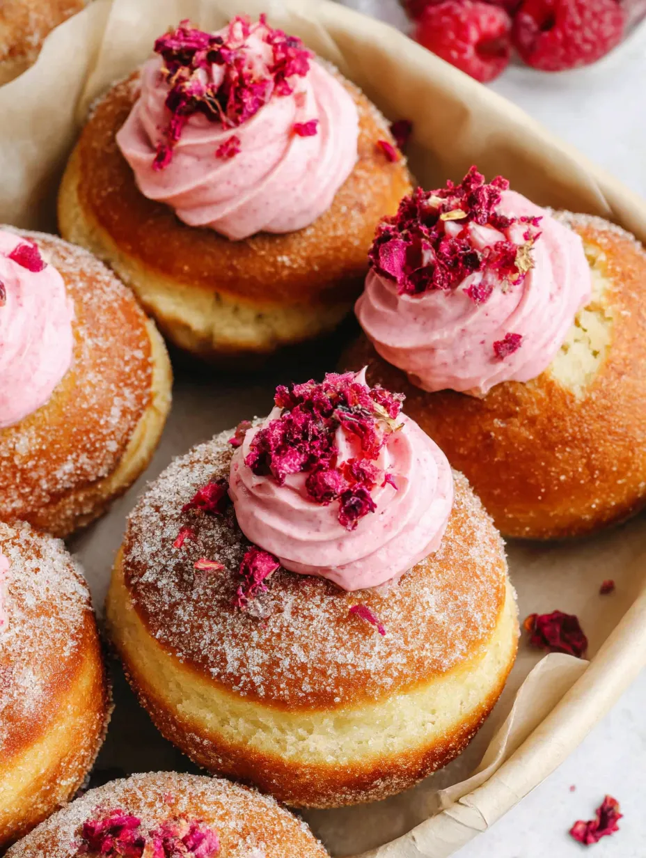 A plate of brioche doughnuts with pink frosting and raspberry toppings.