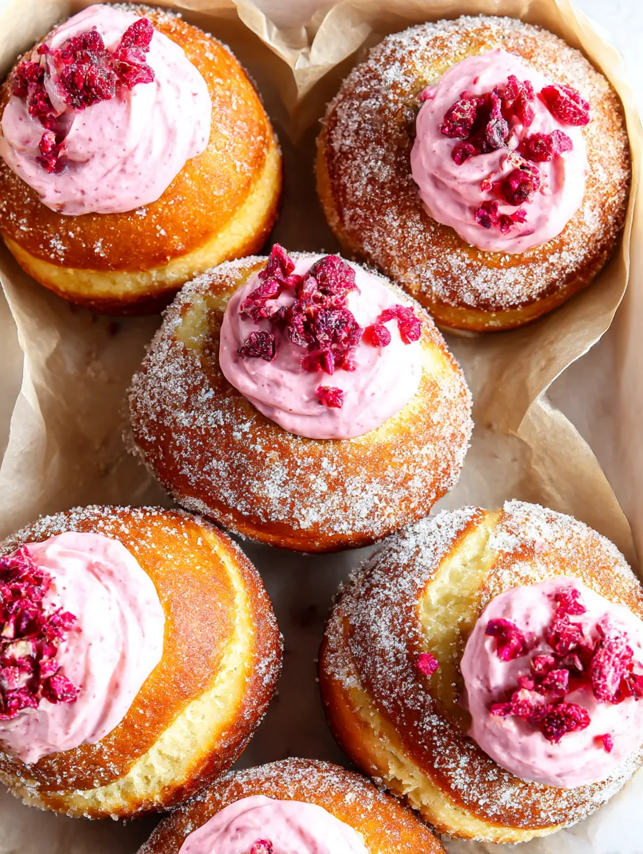 A tray of brioche doughnuts with pink frosting and raspberries on top.