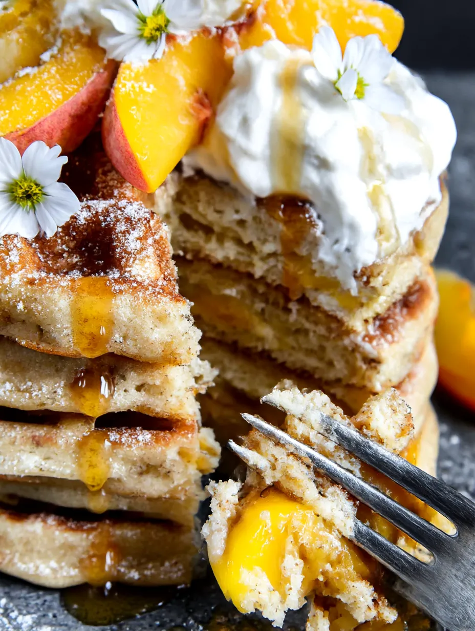 A stack of churro waffles with peaches and cream sauce.