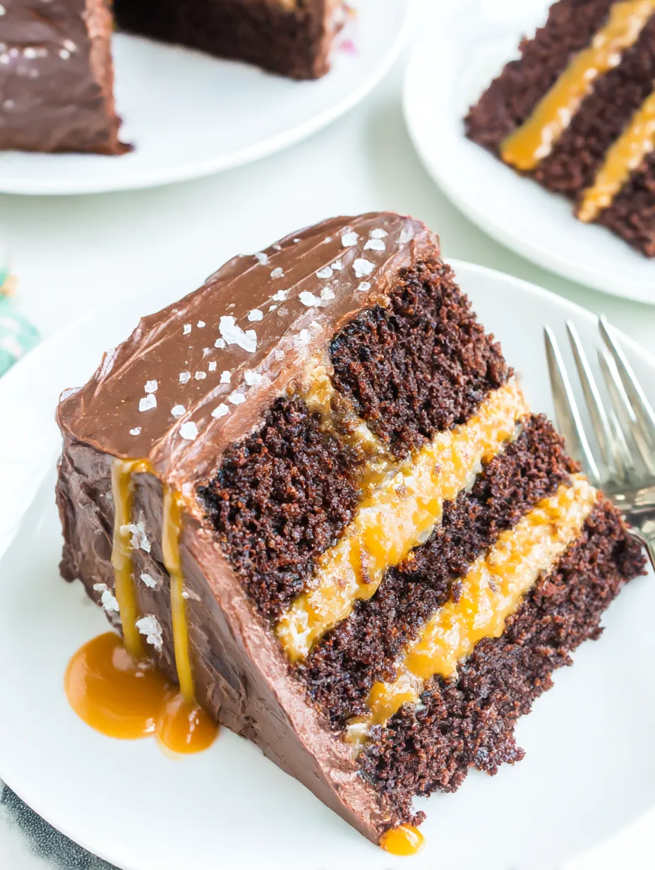 A slice of chocolate cake with caramel frosting.