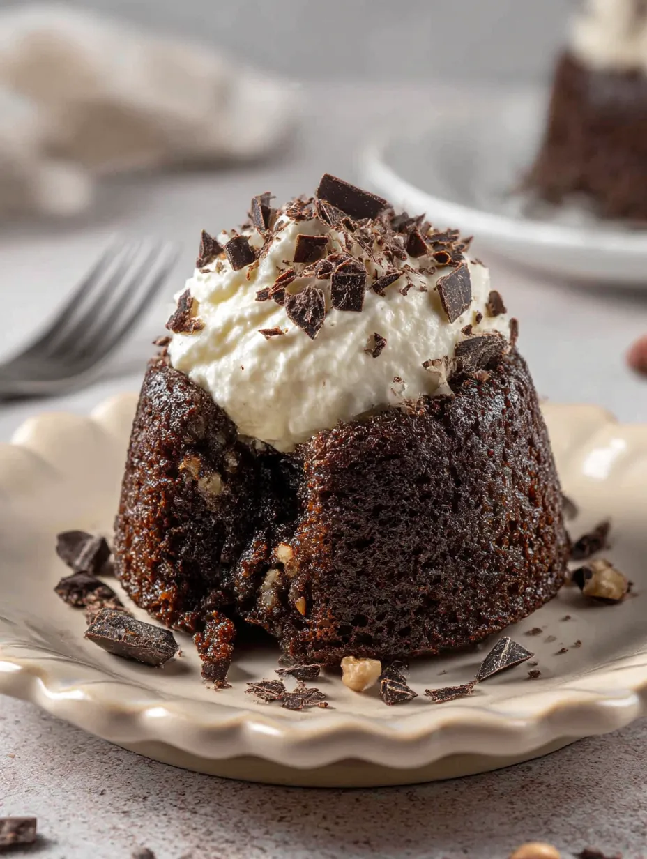 A slice of chocolate cake with white frosting and chocolate chips.