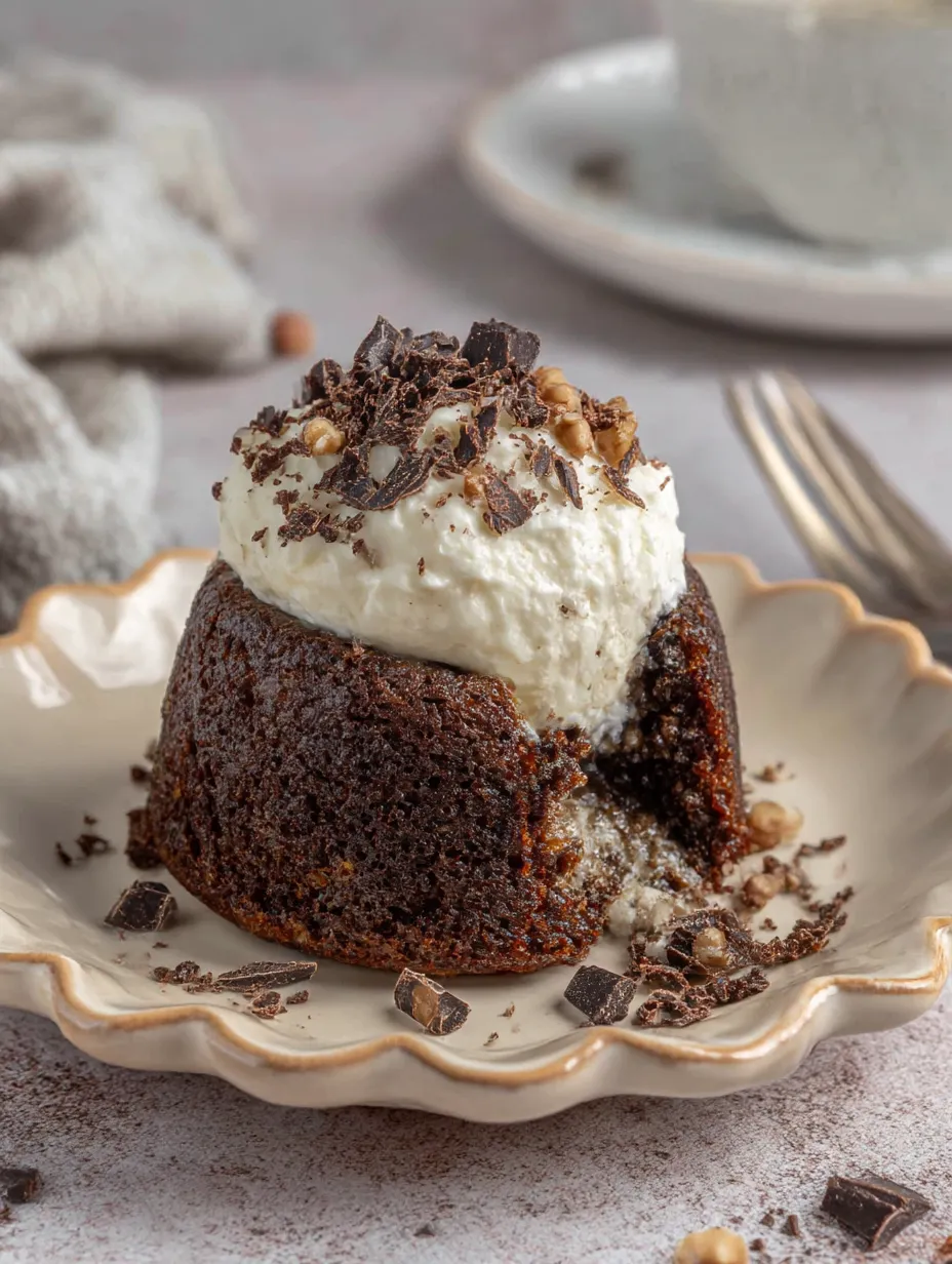 A slice of chocolate cake with white frosting and hazelnuts on top.