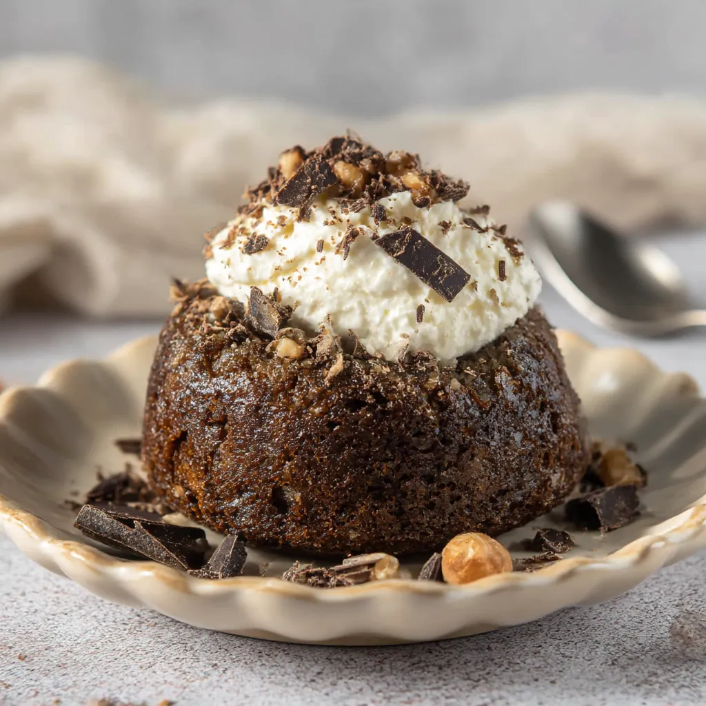 A chocolate lava cake with white cream and hazelnuts on top.
