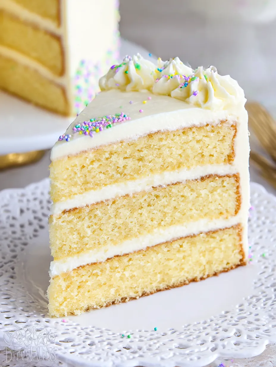 A slice of vanilla cake with white frosting.