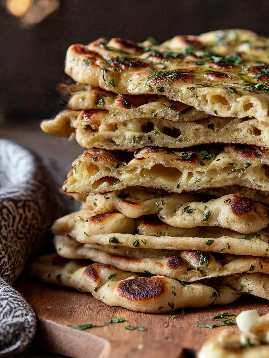 A stack of naan bread with herbed garlic butter.