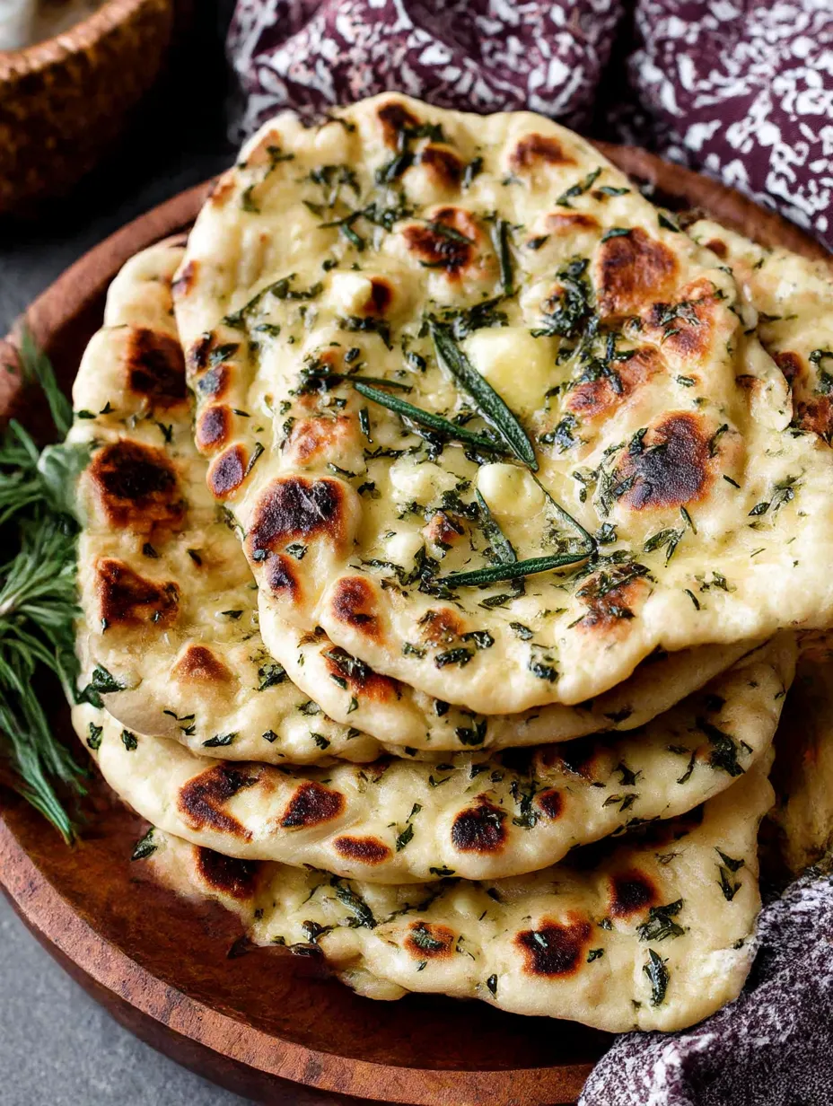 A stack of naan bread with herbed garlic butter.