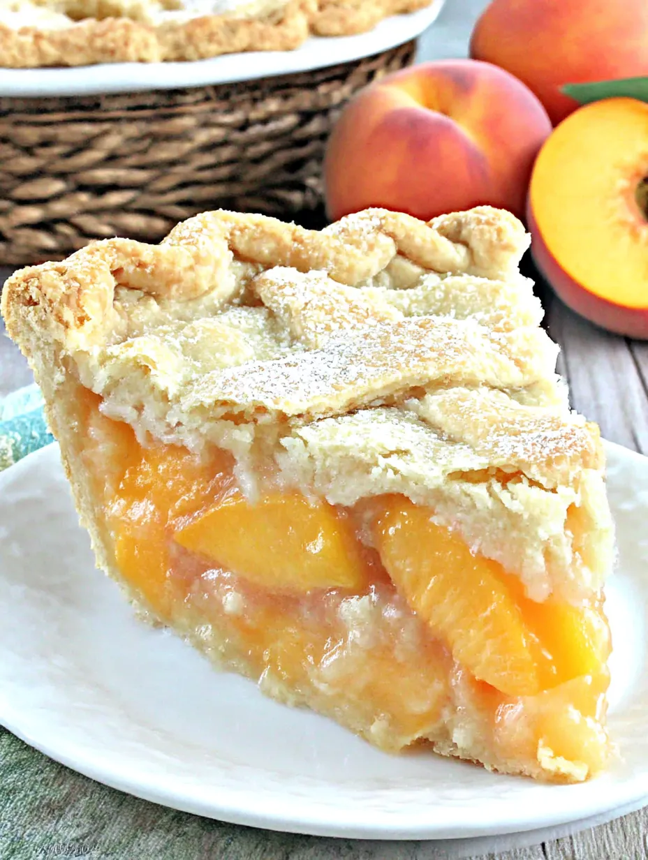 A slice of peach pie on a plate.