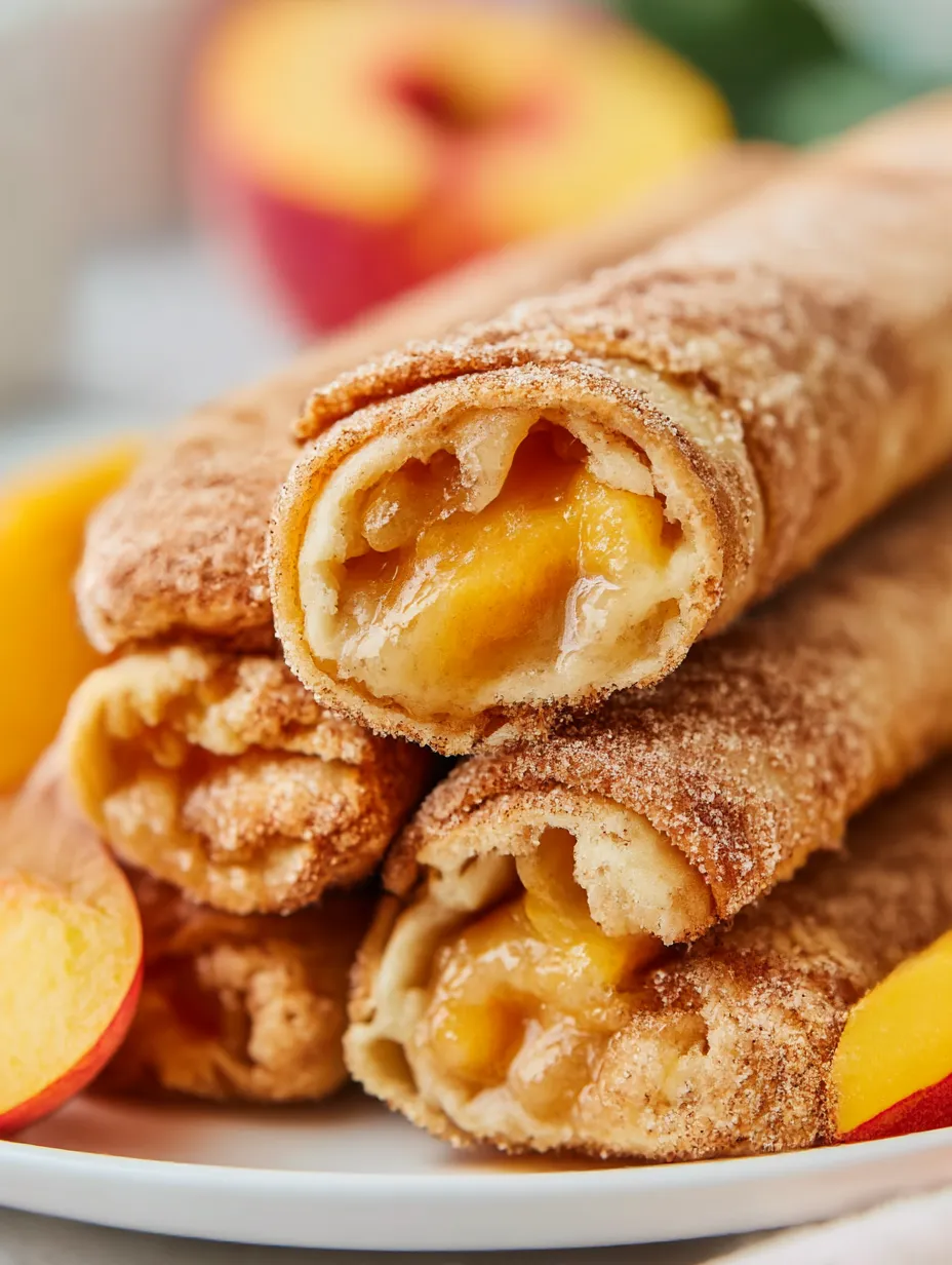 Peach cobbler egg rolls with a peach on top.