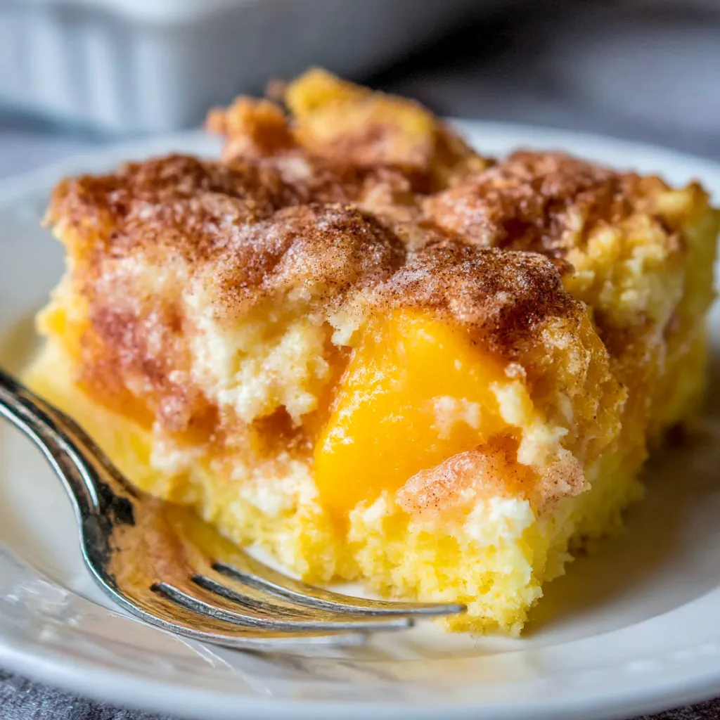 A piece of peaches and cream cake on a plate.