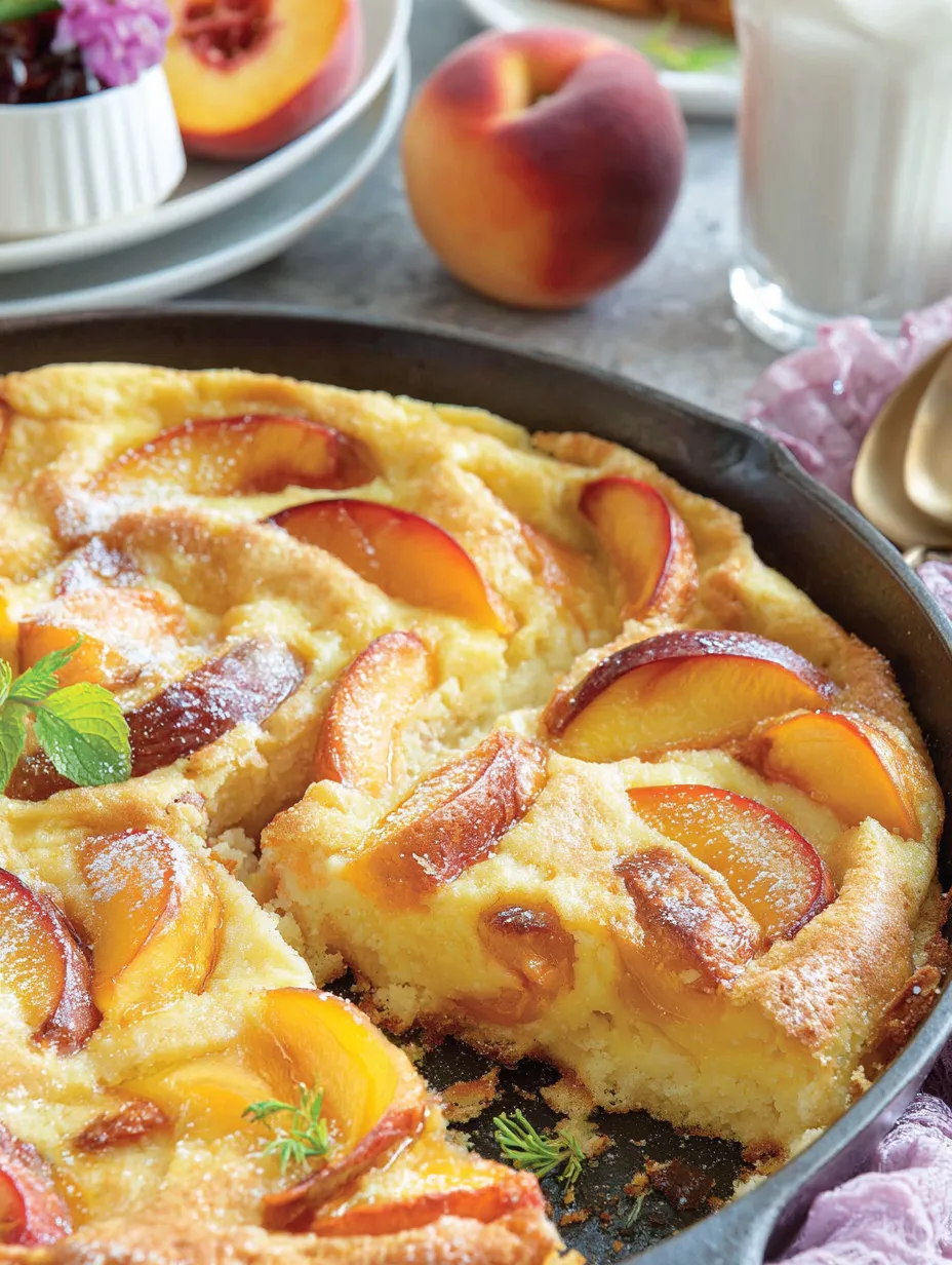 A peach clafouti in a pan.