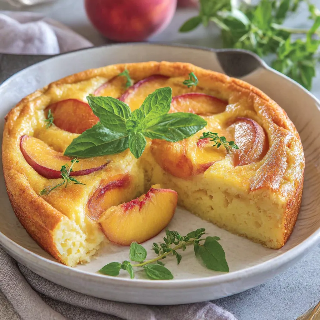 A slice of peach clafouti on a plate.