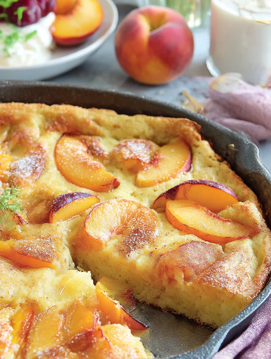 A peach clafouti with a slice missing.