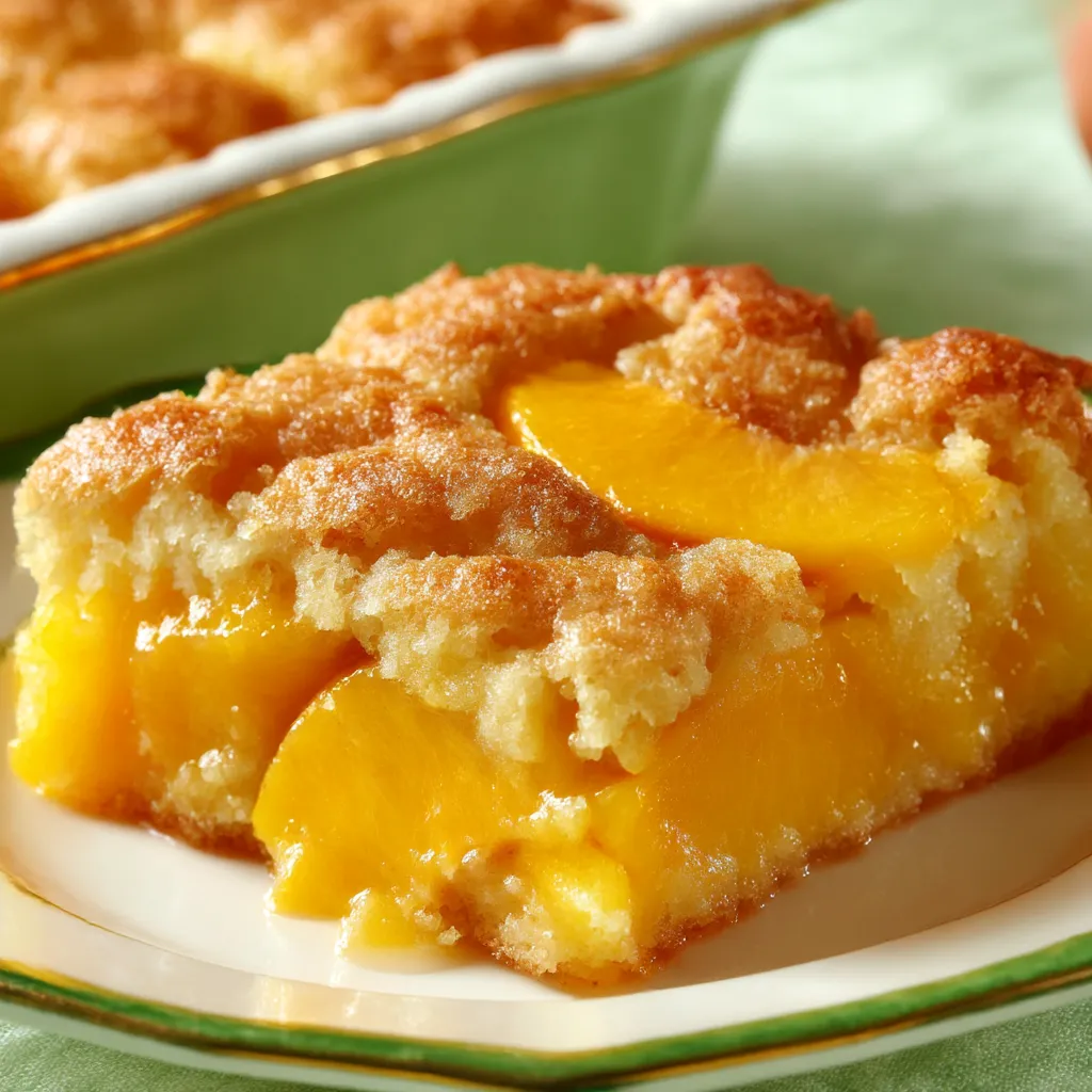 A slice of peach cobbler on a plate.