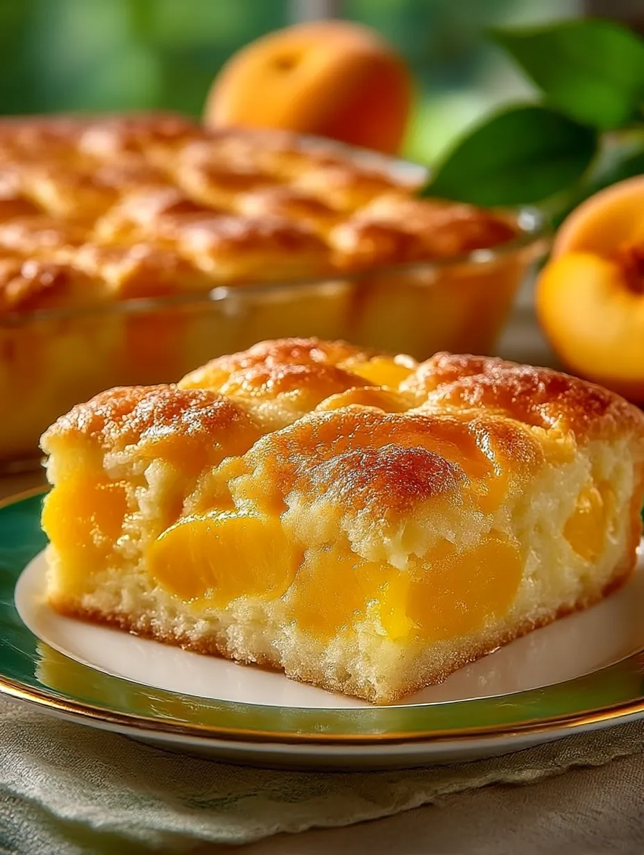 A slice of peach cobbler on a plate.