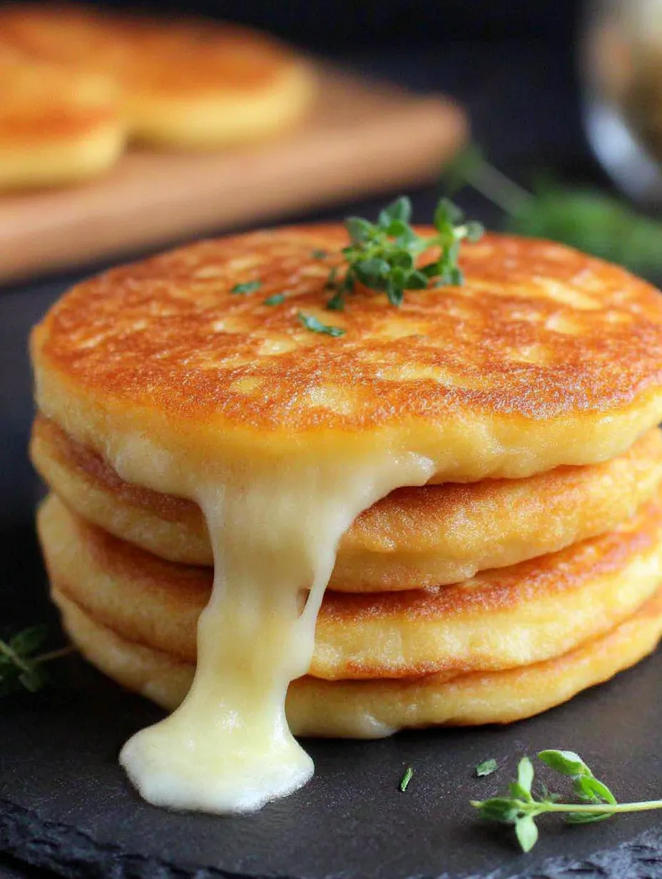 A stack of potato pancakes with cheese dripping off.