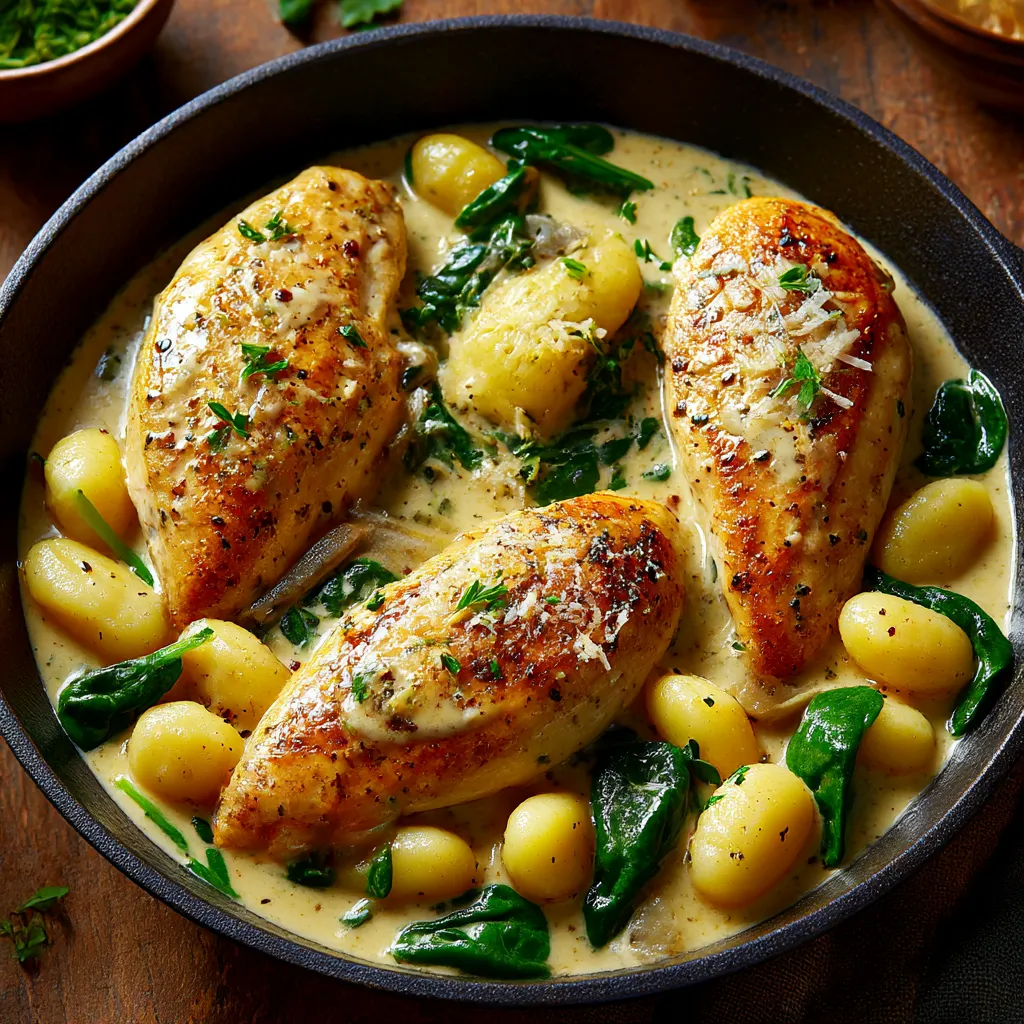 A dish of Asiago chicken and gnocchi.