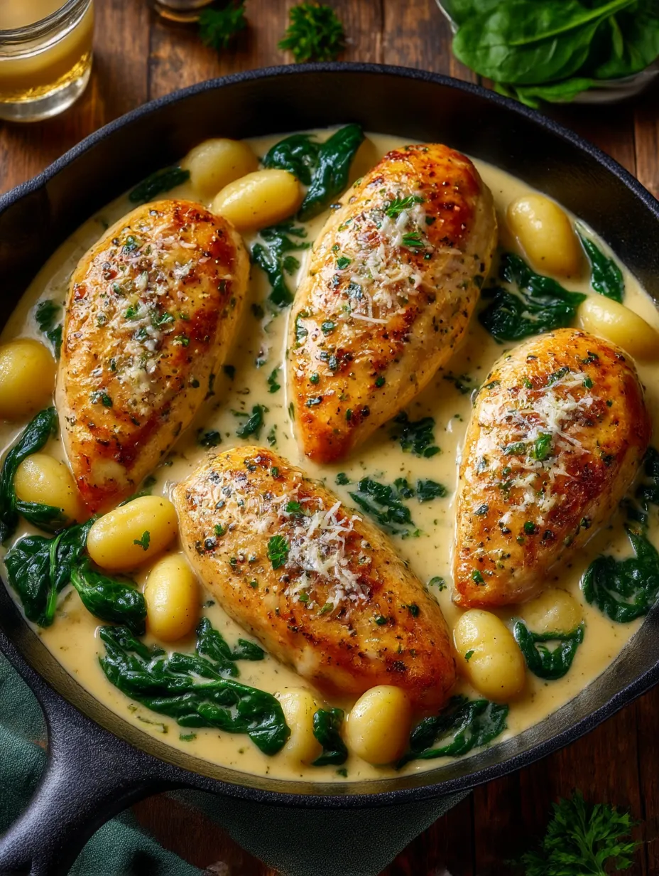 A pan of chicken and gnocchi with greens.