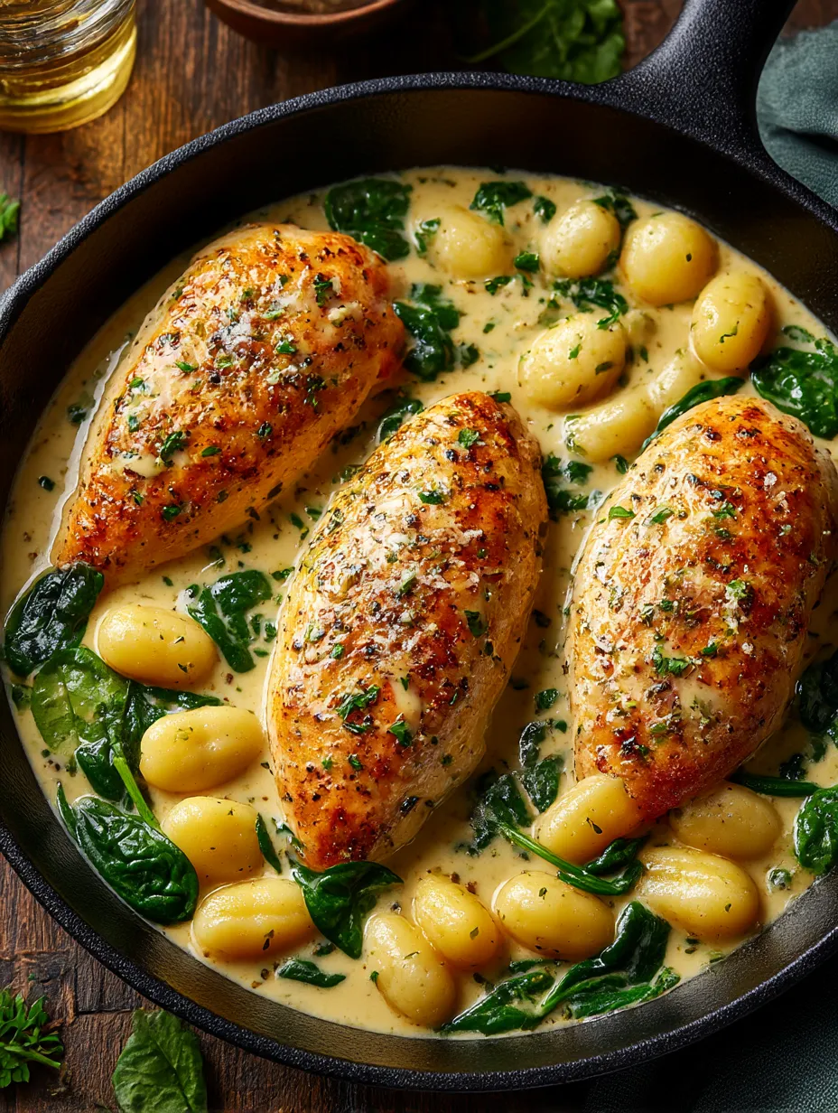 A pan of chicken and gnocchi with greens.