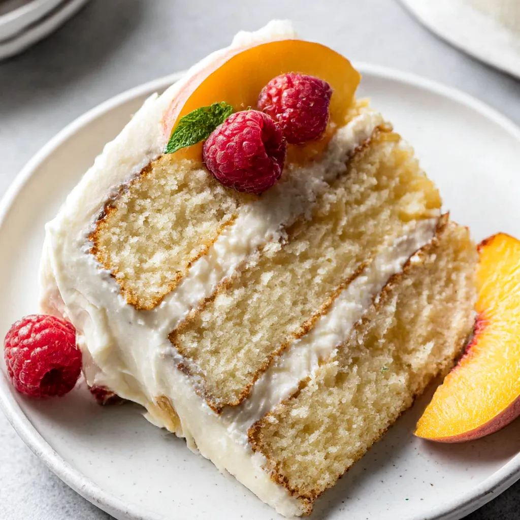 A slice of cake with raspberries on top.